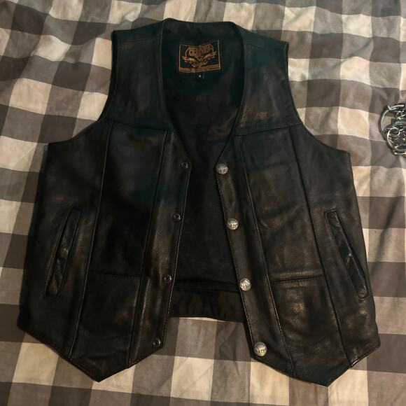 Unknown Other - Mens Leather Biker Vest Snap Front w/Pockets Black Medium